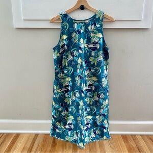 Garnet Hill Harborside Linen Fringe-Hem Dress Shift Green Floral Pockets Size 6